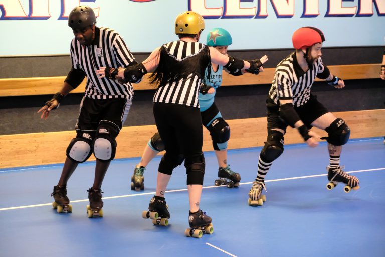 Referees Mister Cheezie, Spry Bergeron, and Ref Sin Style take the track for Team Red during the 2018 Thanks-for-Giving. Photo: Jim Vernier.
