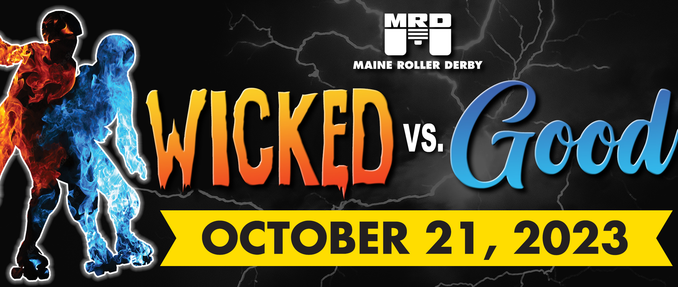 2023 Wicked vs. Good Bout slider image featuring a skater in blue flames pushing against a skater in red flames, linking to the event page